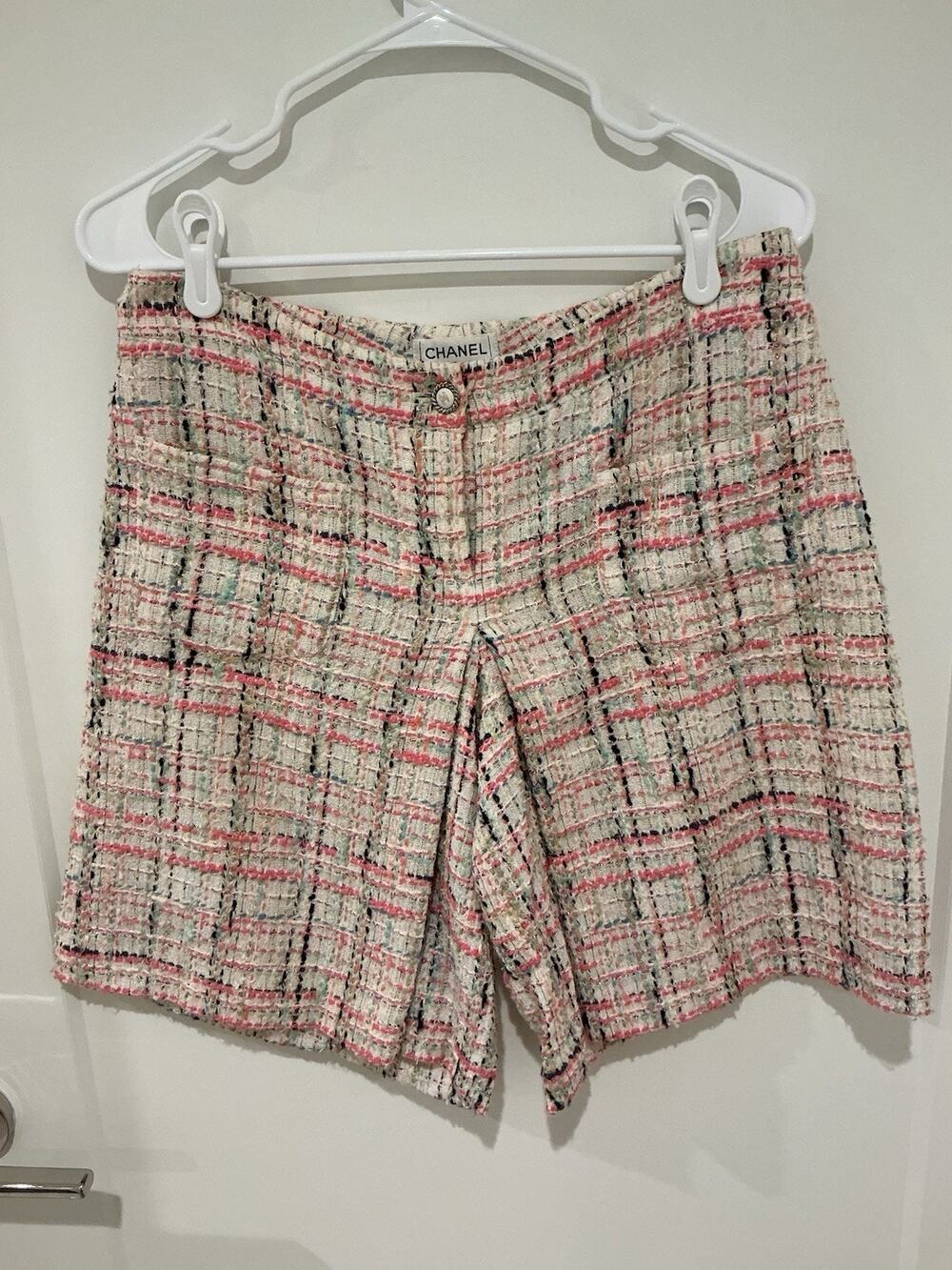 Chanel Women’s Tweed Colorful Shorts with Logo Button & Pockets Size 38